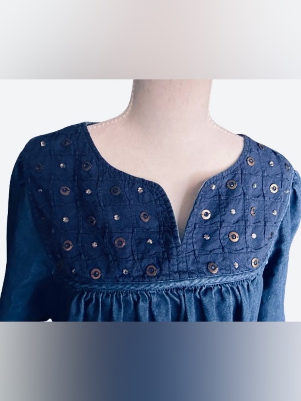100% Cotton GO SOFTLY PATIO Denim Blue Beaded Mumu Housedress Loungewear Large - Picture 5 of 10